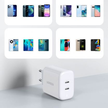 Ugreen Travel Wall Charger Power Delivery 40W - захранване за ел. мрежа смартфони и таблети с 2xUSB-C изхода и с технология за бързо зареждане (бял) 3