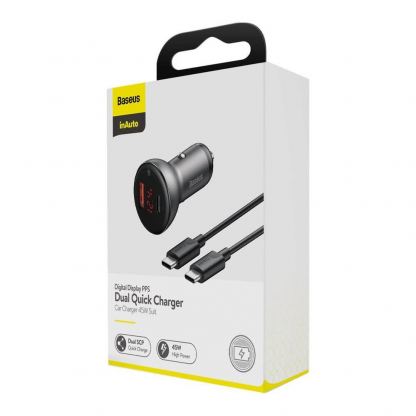 Baseus Digital Display PPS Dual Quick Car Charger 45W (TZCCBX-C0G) - зарядно за кола с USB и USB-C изход с технология за бързо зареждане и USB-C кабел (черен) 15