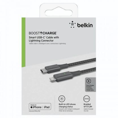 Belkin Boost Charge Smart LED USB-C to Lightning Cable - MFI сертифициран USB-C към Lightning кабел за Apple устройства с Lightning порт (120 см) (сив) 3
