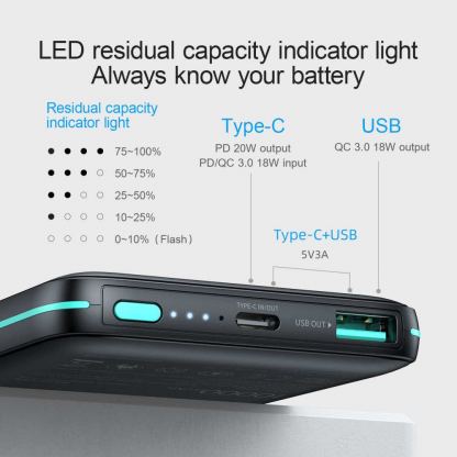 Joyroom Magnetic Wireless Quick Charging Power Bank 10000 mAh - преносима външна батерия с USB-C порт, USB-A изход и безжично зареждане с MagSafe (черен) 7