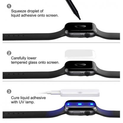 Mocolo 3D UV Tempered Glass - калено стъклено защитно покритие с извити ръбове с течно лепило и UV лампа за дисплея на Apple Watch 45мм (прозрачно) 3