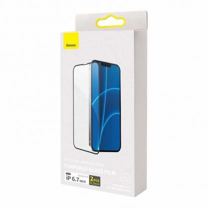 Baseus Full Screen Tempered Glass (SGQP010201) - стъклено защитно покритие за целия дисплей на iPhone 13 Pro Max (прозрачен-черен) (2 броя) 8