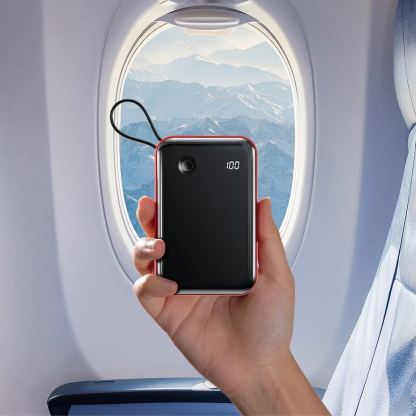 Baseus Mini S Digital Display Power Bank 15W Wireless Charger 10000mAh (PPXF-A09) - външна батерия 10000 mAh с вграден USB-C кабел и USB-C, USB-A и Lightning портове (черен-червен) 9