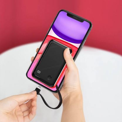 Baseus Mini S Digital Display Power Bank 15W Wireless Charger 10000mAh (PPXF-A09) - външна батерия 10000 mAh с вграден USB-C кабел и USB-C, USB-A и Lightning портове (черен-червен) 10