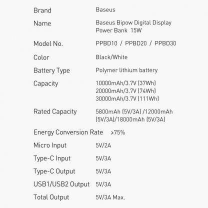 Baseus Bipow Digital Display Power Bank 15W 20000mAh (PPDML-J02) - външна батерия с два USB-A и един USB-C изходи и технология за бързо зареждане (бял) 2