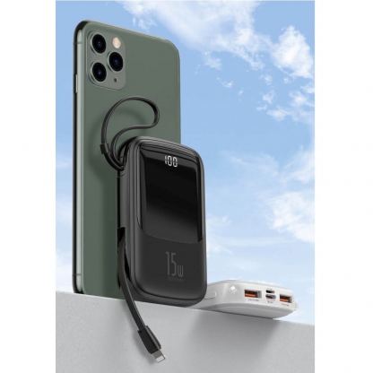 Baseus Qpow Digital Display Power bank with Lightning cable 15W 10000mAh (PPQD-B02) - външна батерия 10000 mAh с вграден Lightning кабел и USB-C, USB-A и Lightning портове (бял) 8