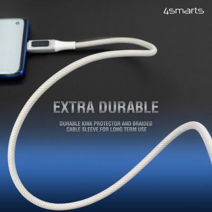 4smarts DigitCord USB-C to USB-C 100W Cable - здрав кабел с въжена оплетка и дисплей, за зареждане на устройства с USB-C порт (150 см) (бял) 2