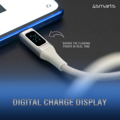 4smarts DigitCord USB-C to USB-C 100W Cable - здрав кабел с въжена оплетка и дисплей, за зареждане на устройства с USB-C порт (150 см) (бял) 3