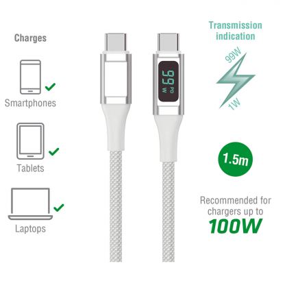 4smarts DigitCord USB-C to USB-C 100W Cable - здрав кабел с въжена оплетка и дисплей, за зареждане на устройства с USB-C порт (150 см) (бял) 4