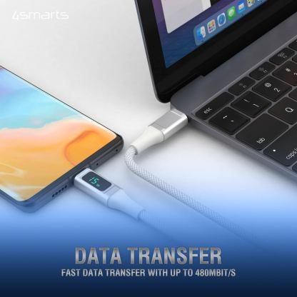 4smarts DigitCord USB-C to USB-C 100W Cable - здрав кабел с въжена оплетка и дисплей, за зареждане на устройства с USB-C порт (150 см) (бял) 5