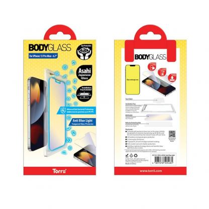 Torrii BodyGlass 2.5D Anti Blue Light & Anti-Bacterial Glass - калено стъклено защитно покритие с антибактериално покритие за iPhone 13 Pro Max (прозрачен) 2