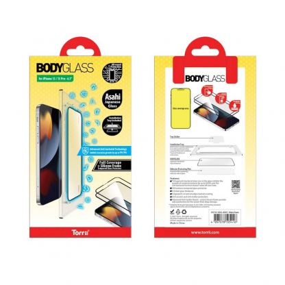 Torrii BodyGlass Full Screen Anti-Bacterial Glass Soft Edge Tempered Glass - стъклено защитно покритие с антибактериално покритие за целия дисплей на iPhone 13, iPhone 13 Pro (прозрачен-черен) 4