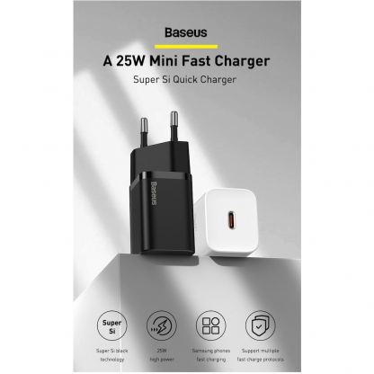 Baseus Super Si USB-C PD Wall Charger 25W (CCSP020101) - захранване за ел. мрежа с USB-C изход с технология за бързо зареждане (черен) 3