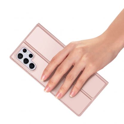 Dux Ducis Skin Pro Case - кожен калъф с поставка и отделение за кр. карти за Samsung Galaxy S22 Ultra (розов) 7