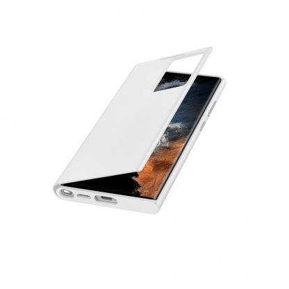 Samsung Clear View Cover EF-ZS908CWEGEE - оригинален кейс с антибактериално покритие, през който виждате информация от дисплея за Samsung Galaxy S22 Ultra (бял) 3