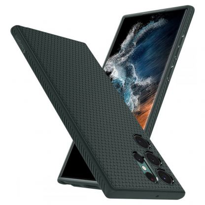 Spigen Liquid Air Case - силиконов (TPU) калъф с висока степен на защита за Samsung Galaxy S22 Ultra (тъмнозелен) 5