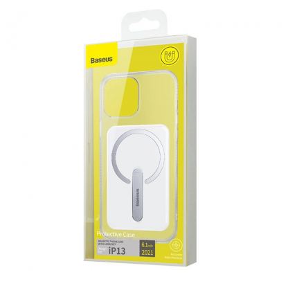 Baseus Crystal Magnetic Glass Case With a Bracket - хибриден удароустойчив кейс с MagSafe и вградена поставка за iPhone 13 (прозрачен) 5