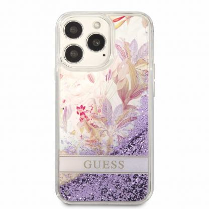 Guess Liquid Glitter Flower Case - дизайнерски кейс с висока защита за iPhone 13 Pro Max (лилав) 2