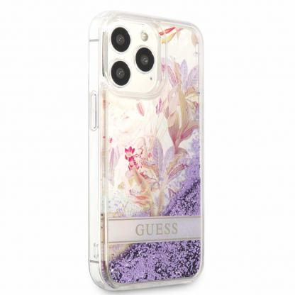 Guess Liquid Glitter Flower Case - дизайнерски кейс с висока защита за iPhone 13 Pro Max (лилав) 3