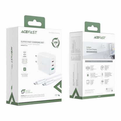 Acefast A13 PD 65W Charger - захранване за ел. мрежа за лаптопи, смартфони и таблети с 2XUSB-C и USB-A изходи и USB-C към USB-C кабел (бял) 3
