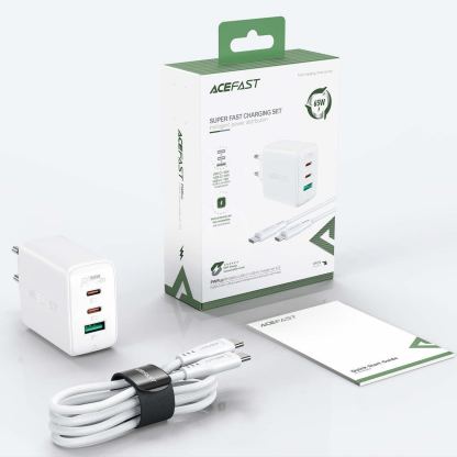 Acefast A13 PD 65W Charger - захранване за ел. мрежа за лаптопи, смартфони и таблети с 2XUSB-C и USB-A изходи и USB-C към USB-C кабел (бял) 8