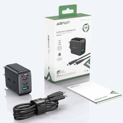 Acefast A13 PD 65W Charger - захранване за ел. мрежа за лаптопи, смартфони и таблети с 2XUSB-C и USB-A изходи и USB-C към USB-C кабел (черен) 10