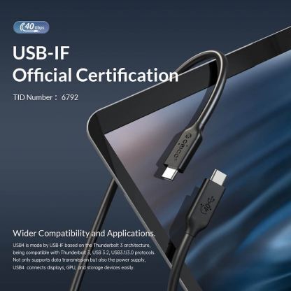 Orico USB4 USB-C to USB-C Cable, 8K, 100W, 40Gbps - здрав USB4 кабел за устройства с USB-C порт (30 см) (черен) 7