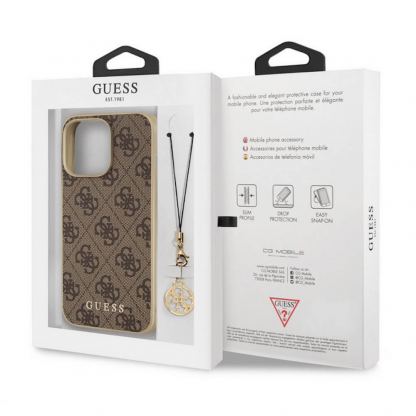 Guess 4G Charms Collection Hard Case - дизайнерски кожен кейс за iPhone 13 Pro (кафяв) 2