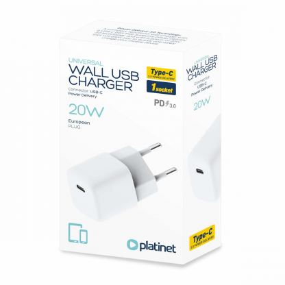 Platinet USB-C Wall Charger 20W - захранване за ел. мрежа с USB-C изход и технология за бързо зареждане (бял) 4