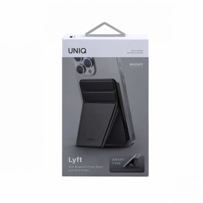 Uniq Lyft Magnetic Stand and Card Holder - кожен портфейл (джоб) с вградена поставка за прикрепяне към iPhone с MagSafe (черен) 2