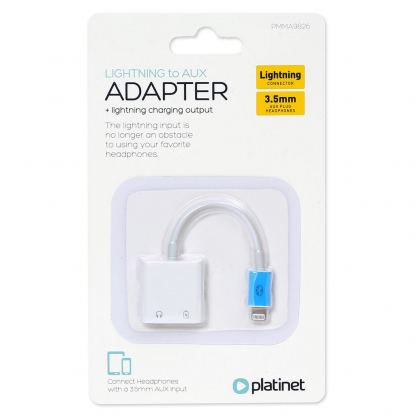 Platinet Lightning to Lightning & 3.5mm Aux Adapter - Lightning адаптер към 3.5 аудио изход и Lightning изход (6.5см) (бял) 3