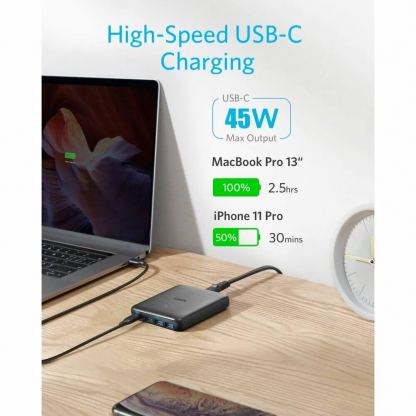 Anker GaN PowerPort Atom III Slim 65W - захранване за ел. мрежа с 3xUSB-A и 1xUSB-C изходи с технология за бързо зареждане (черен) 3