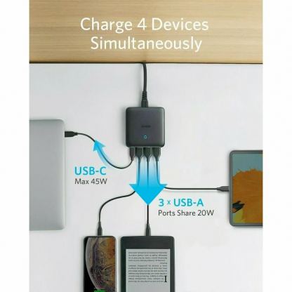 Anker GaN PowerPort Atom III Slim 65W - захранване за ел. мрежа с 3xUSB-A и 1xUSB-C изходи с технология за бързо зареждане (черен) 4