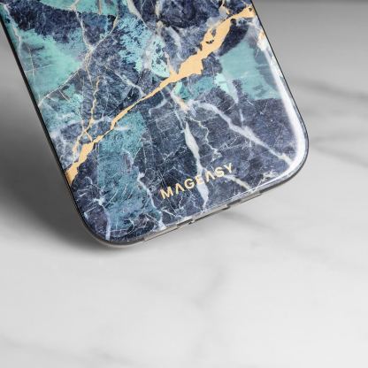 Mageasy Marble Emerald Case - дизайнерски хибриден удароустойчив кейс за iPhone 14 (смарагд)  9