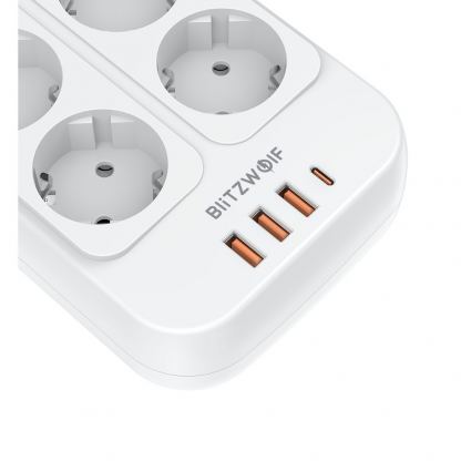 Blitzwolf 8 AC Outlets With USB-A and USB-C Ports Extension Power Strip 2500W - разклонител с 3xUSB-A и 1хUSB-C порта и 8хAC изхода (бял) 3