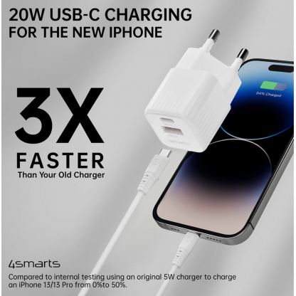 4smarts Wall Charger VoltPlug Duos Mini PD 20W and USB-C Cable - захранване за ел. мрежа с USB-A и USB-C изходи с технология за бързо зареждане и USB-C към USB-C кабел (150 см) (бял) 3