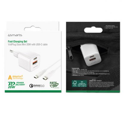 4smarts Wall Charger VoltPlug Duos Mini PD 20W and USB-C Cable - захранване за ел. мрежа с USB-A и USB-C изходи с технология за бързо зареждане и USB-C към USB-C кабел (150 см) (бял) 12