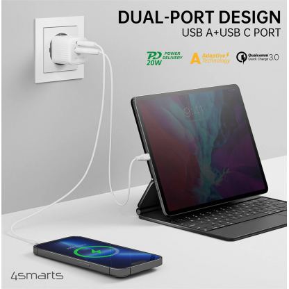 4smarts Wall Charger VoltPlug Duos Mini PD 20W - захранване за ел. мрежа с USB-A и USB-C изходи и технология за бързо зареждане (бял) 2