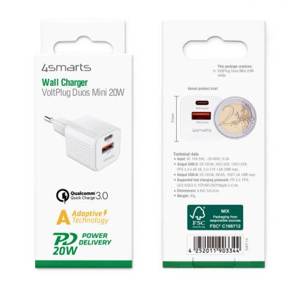 4smarts Wall Charger VoltPlug Duos Mini PD 20W - захранване за ел. мрежа с USB-A и USB-C изходи и технология за бързо зареждане (бял) 10