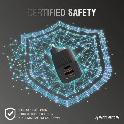 4smarts Wall Charger VoltPlug Duos Mini PD 20W - захранване за ел. мрежа с USB-A и USB-C изходи и технология за бързо зареждане (черен) 4