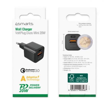 4smarts Wall Charger VoltPlug Duos Mini PD 20W - захранване за ел. мрежа с USB-A и USB-C изходи и технология за бързо зареждане (черен) 8