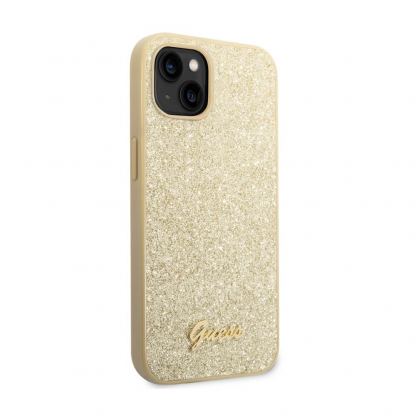 Guess Glitter Flakes Metal Logo - хибриден удароустойчив кейс за iPhone 14 Plus (златист) 2