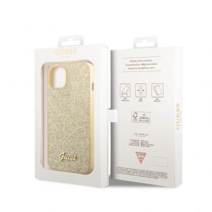 Guess Glitter Flakes Metal Logo - хибриден удароустойчив кейс за iPhone 14 Plus (златист) 5