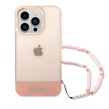 Guess Camera Outline Case with Strap - дизайнерски кейс с висока защита и с връзка за iPhone 14 Pro Max (розов) 2
