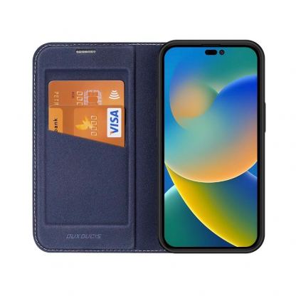 Dux Ducis Skin X2 Case - кожен калъф с поставка и отделение за кр. карти за iPhone 14 Pro (син) 3
