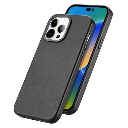 Dux Ducis Grit Faux Leather MagSafe Case - дизайнерски кожен кейс с MagSafe за iPhone 14 Pro Max (черен) 5