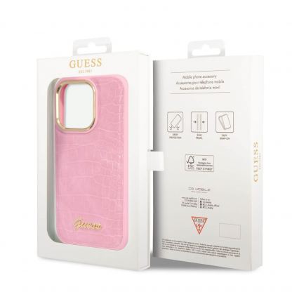 Guess PU Croco with Metal Camera Outline Case - дизайнерски кожен кейс за iPhone 14 Pro Max (розов) 4