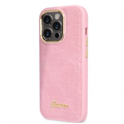 Guess PU Croco with Metal Camera Outline Case - дизайнерски кожен кейс за iPhone 14 Pro Max (розов) 5