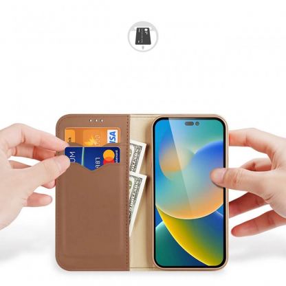 Dux Ducis Hivo Genuine Leather Flip Wallet Case - кожен калъф от естествена кожа с поставка и отделение за кр. карти за iPhone 14 Pro Max (кафяв) 2