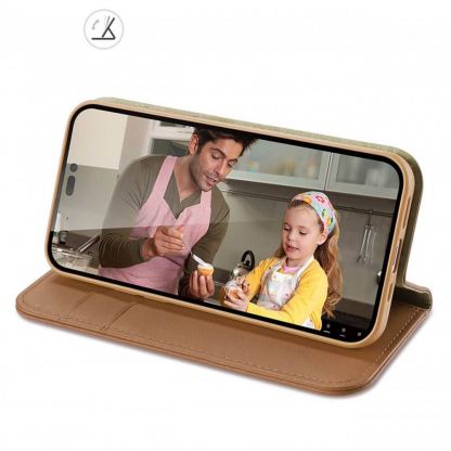 Dux Ducis Hivo Genuine Leather Flip Wallet Case - кожен калъф от естествена кожа с поставка и отделение за кр. карти за iPhone 14 Pro Max (кафяв) 8